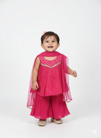 Girls’ Fuchsia Pink Pleated Sharara Set with Gold Gota Work