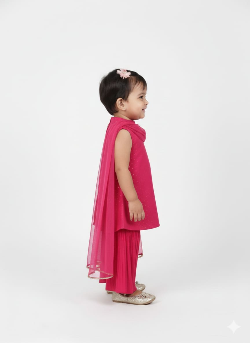 Girls’ Fuchsia Pink Pleated Sharara Set with Gold Gota Work