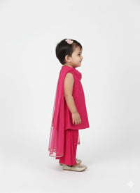 Girls’ Fuchsia Pink Pleated Sharara Set with Gold Gota Work
