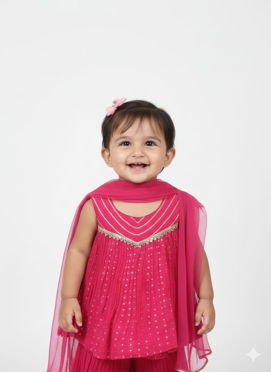 Girls’ Fuchsia Pink Pleated Sharara Set with Gold Gota Work