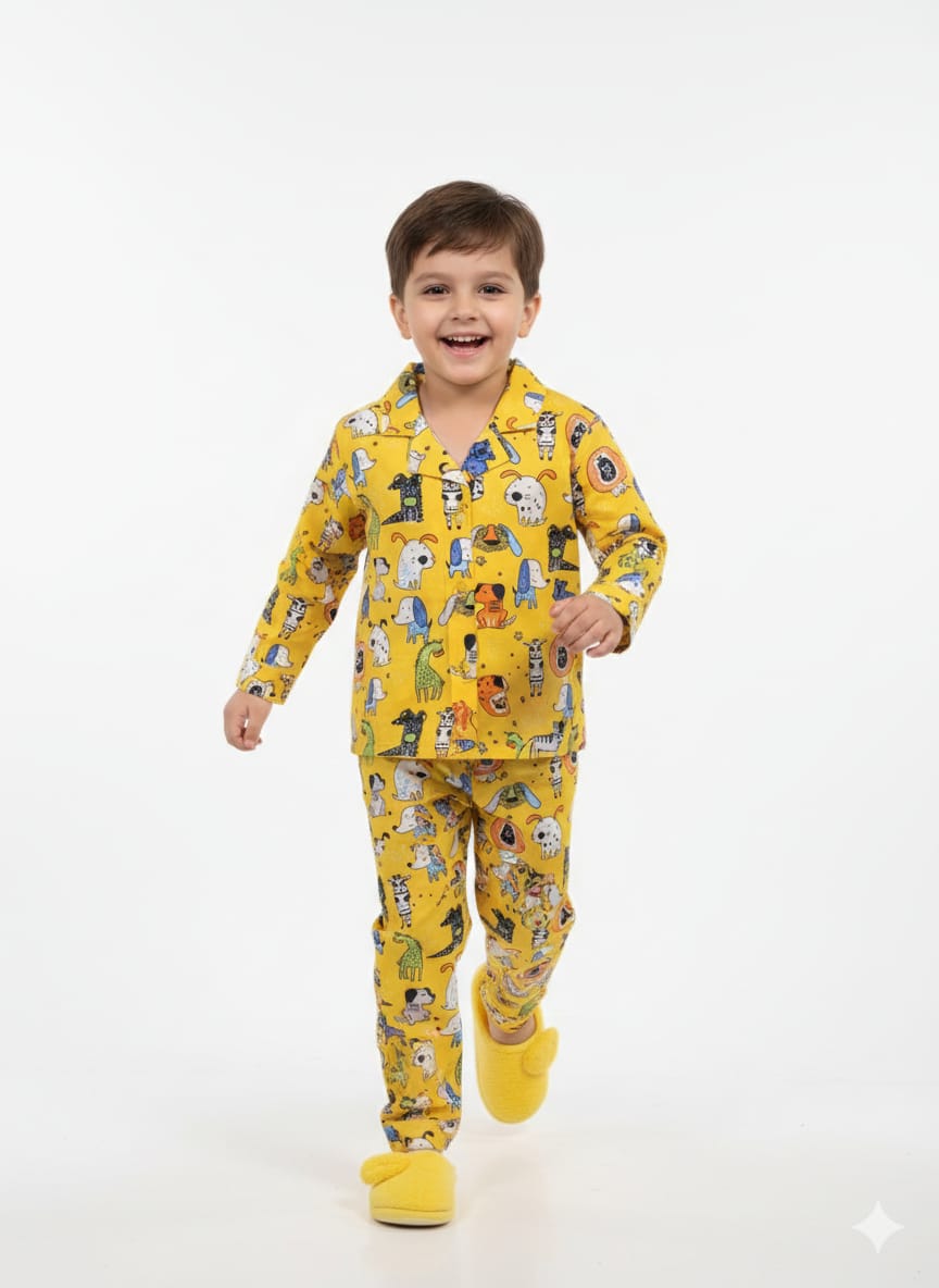 Kids’ Sunshine Yellow Safari Doodle Pajama Set – 100% Cotton Sleepwear