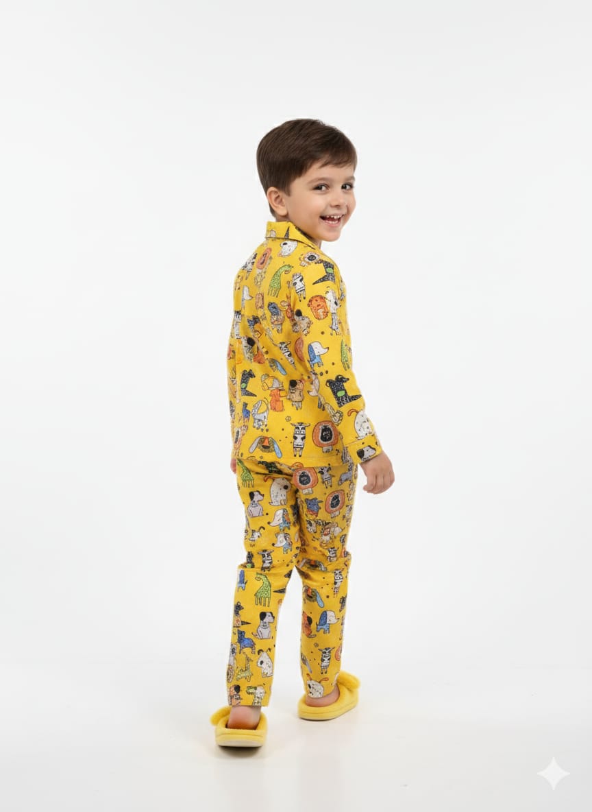 Kids’ Sunshine Yellow Safari Doodle Pajama Set – 100% Cotton Sleepwear
