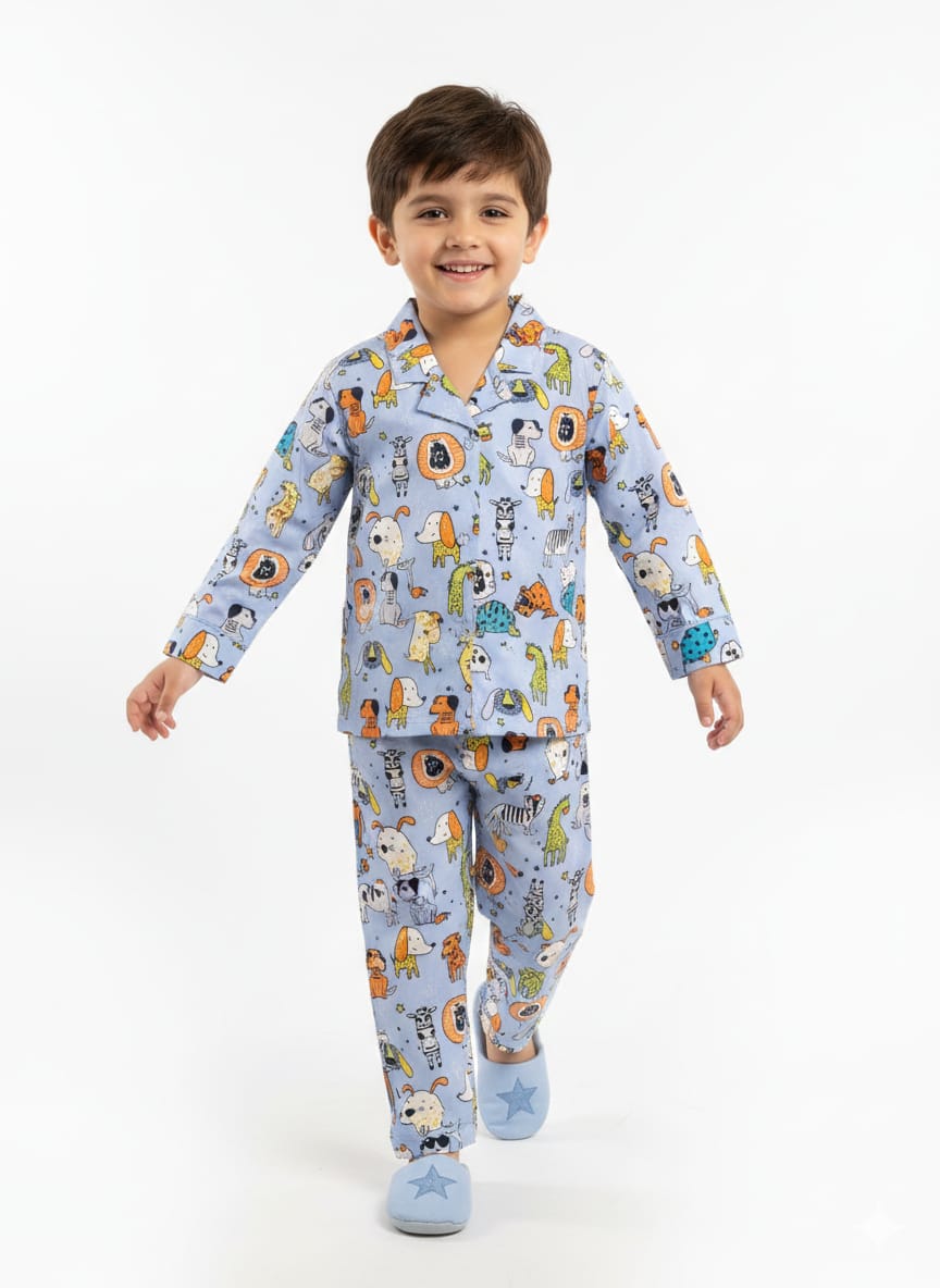 Kids’ Safari Doodle Cotton Pajama Set – Long-Sleeve Button-Down Sleepwear