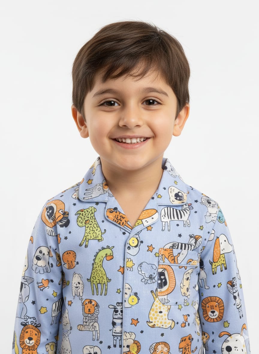 Kids’ Safari Doodle Cotton Pajama Set – Long-Sleeve Button-Down Sleepwear