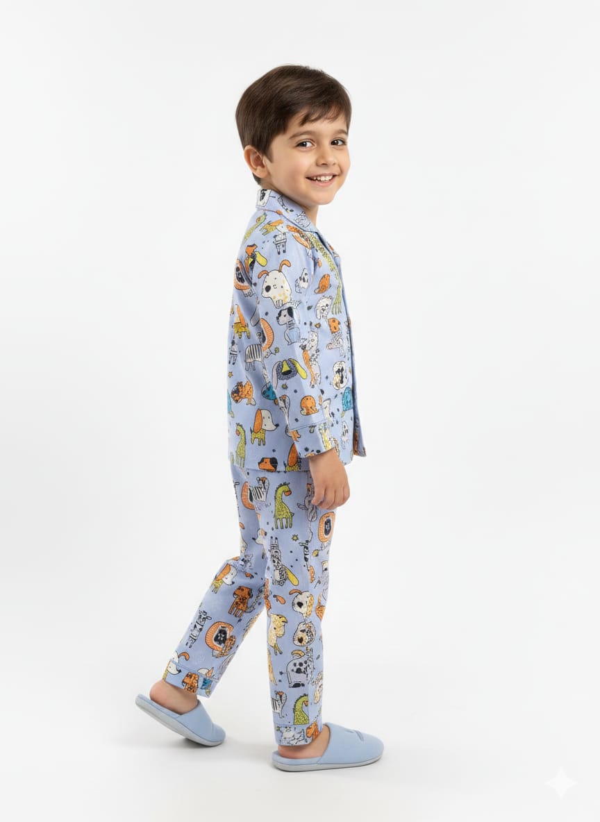 Kids’ Safari Doodle Cotton Pajama Set – Long-Sleeve Button-Down Sleepwear