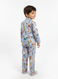 Kids’ Safari Doodle Cotton Pajama Set – Long-Sleeve Button-Down Sleepwear