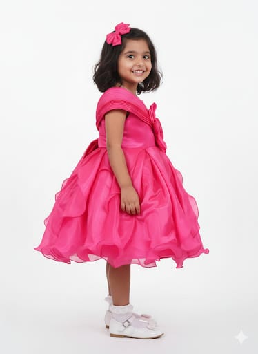 Girls’ Rose Petal Pink Party Dress – Sculptural Organza Floral Frock