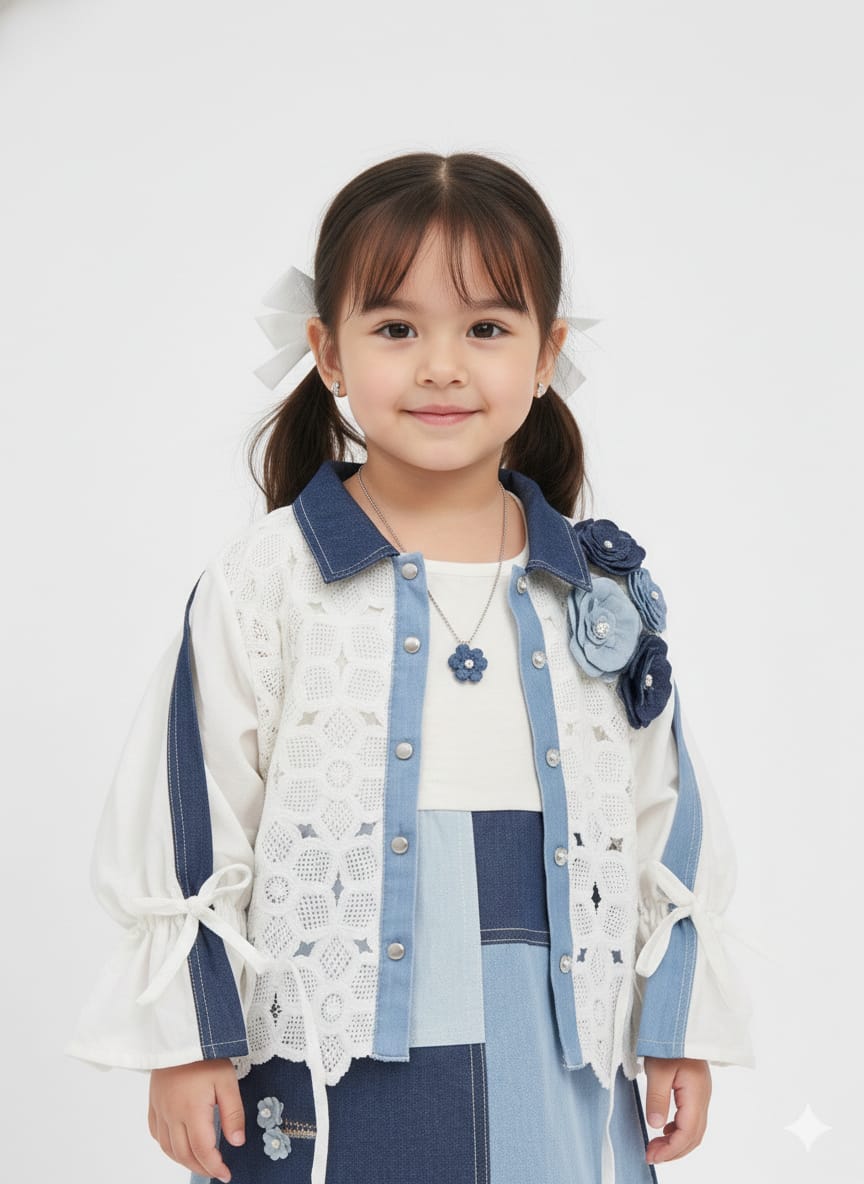 Chic Denim Floral Eyelet Set: Boutique Patchwork Outfit for Girls