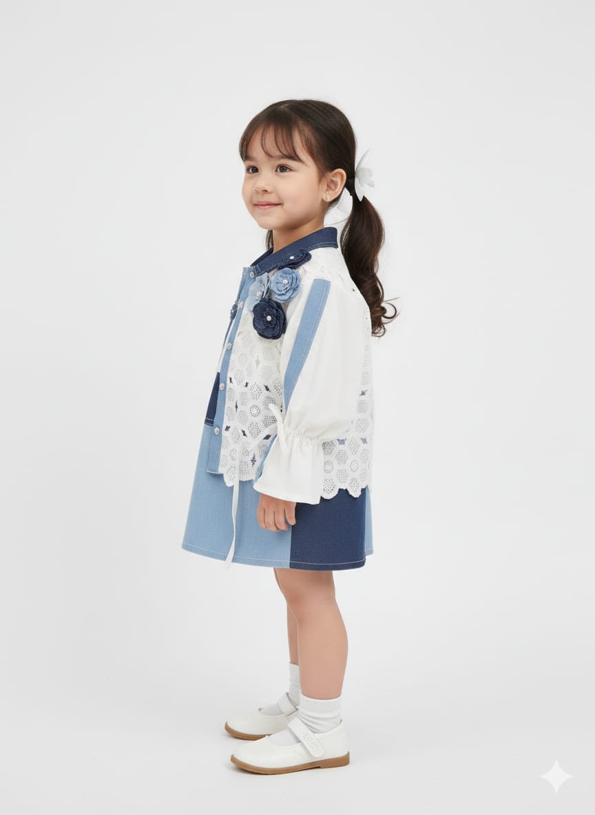 Chic Denim Floral Eyelet Set: Boutique Patchwork Outfit for Girls