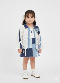 Chic Denim Floral Eyelet Set: Boutique Patchwork Outfit for Girls