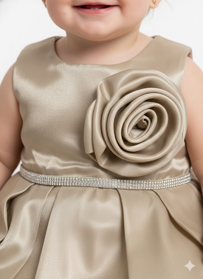 Champagne Gold Sleeveless Party Dress – 3D Rosette & Sparkling Rhinestone Belt