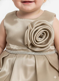 Champagne Gold Sleeveless Party Dress – 3D Rosette & Sparkling Rhinestone Belt