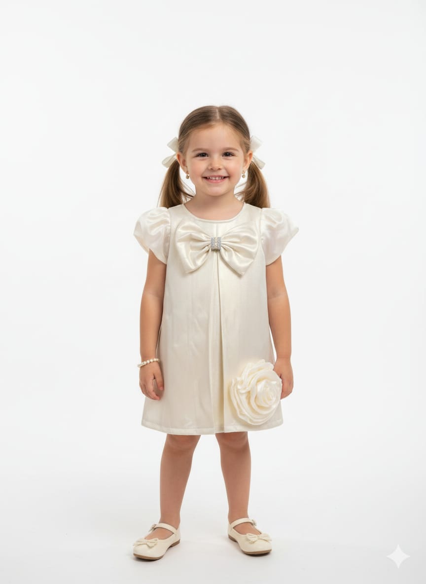 Cream Satin A-Line Formal Dress – Puff Sleeves with Crystal Bow & Oversized Floral Accent
