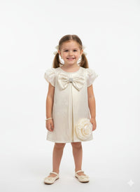 Cream Satin A-Line Formal Dress – Puff Sleeves with Crystal Bow & Oversized Floral Accent