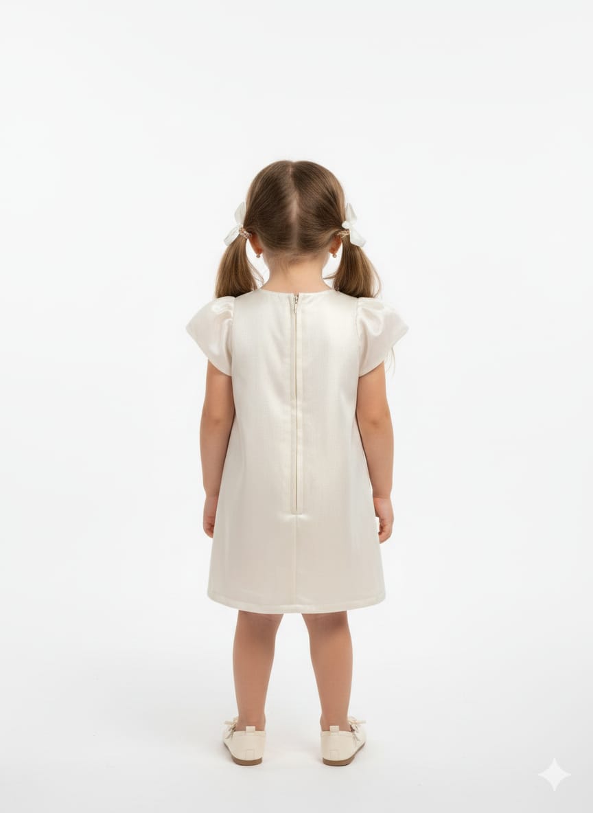 Cream Satin A-Line Formal Dress – Puff Sleeves with Crystal Bow & Oversized Floral Accent