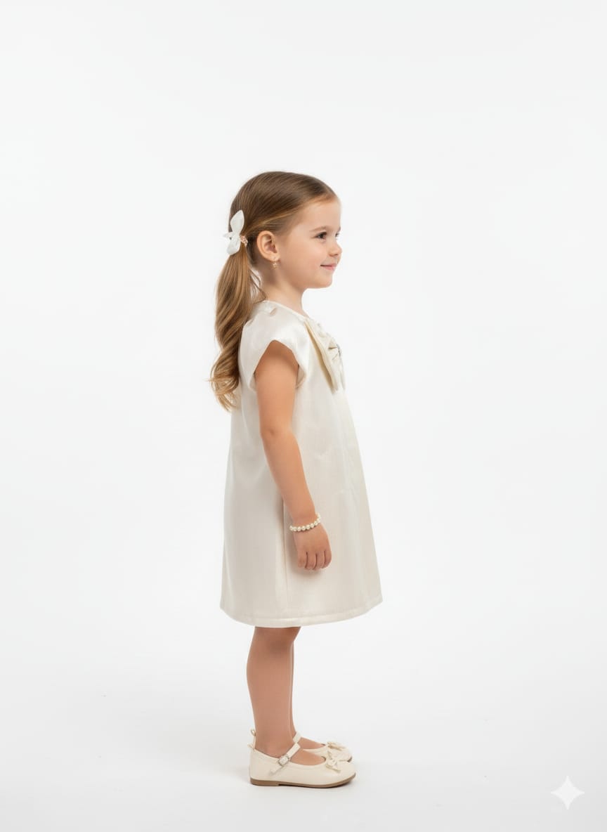 Cream Satin A-Line Formal Dress – Puff Sleeves with Crystal Bow & Oversized Floral Accent