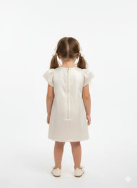 Cream Satin A-Line Formal Dress – Puff Sleeves with Crystal Bow & Oversized Floral Accent