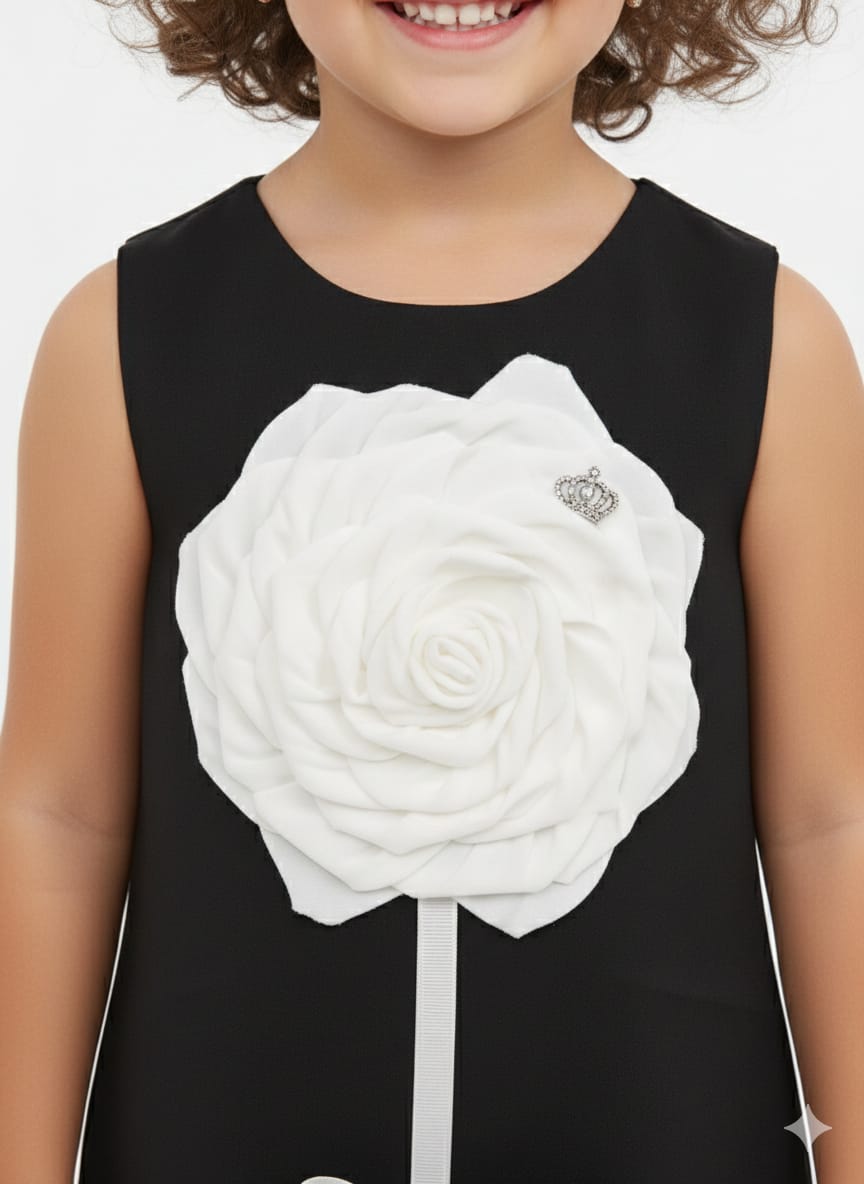 Modern Floral A-Line Dress – Oversized 3D Rose & Crystal Center Bow Accents