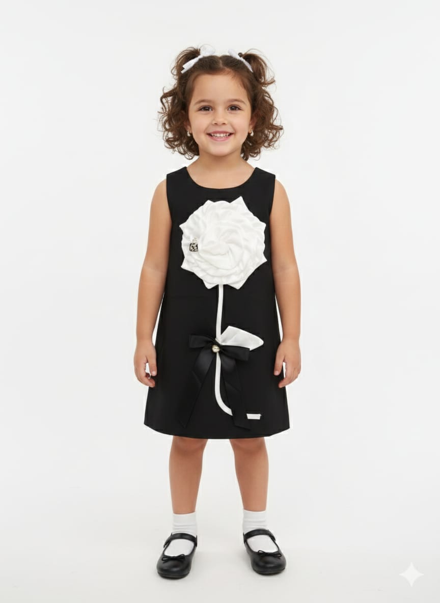 Modern Floral A-Line Dress – Oversized 3D Rose & Crystal Center Bow Accents