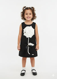 Modern Floral A-Line Dress – Oversized 3D Rose & Crystal Center Bow Accents