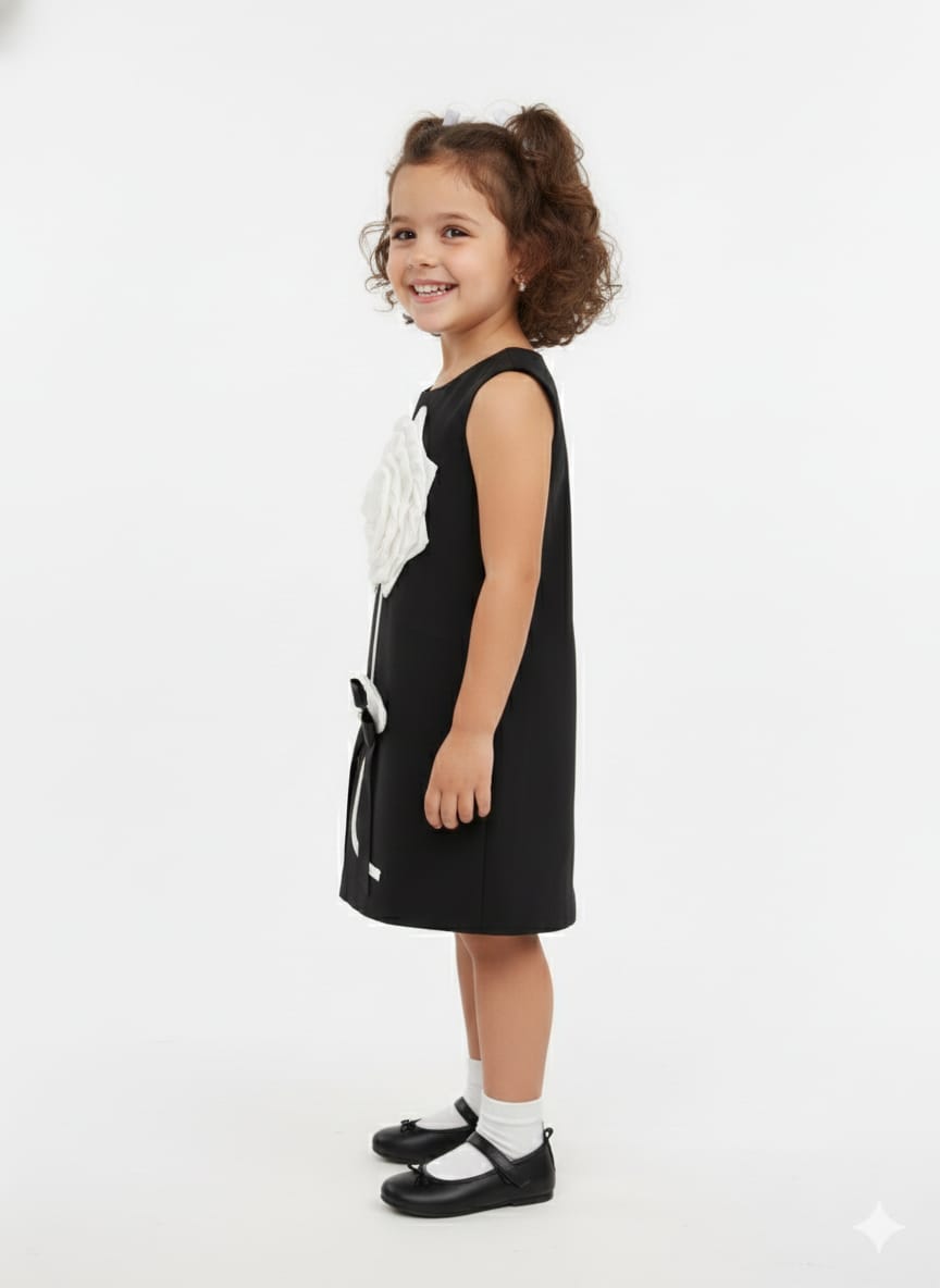 Modern Floral A-Line Dress – Oversized 3D Rose & Crystal Center Bow Accents