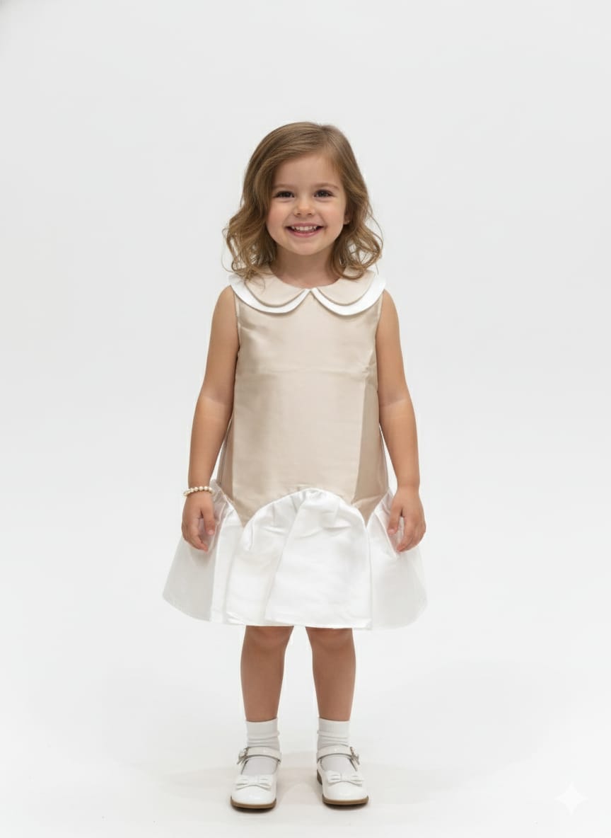 Girls’ Champagne Satin Trapeze Dress With Double Peter Pan Collar