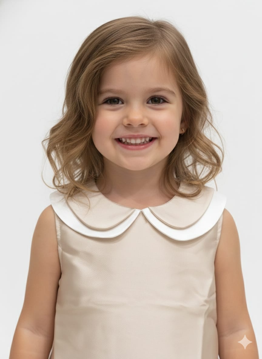 Girls’ Champagne Satin Trapeze Dress With Double Peter Pan Collar