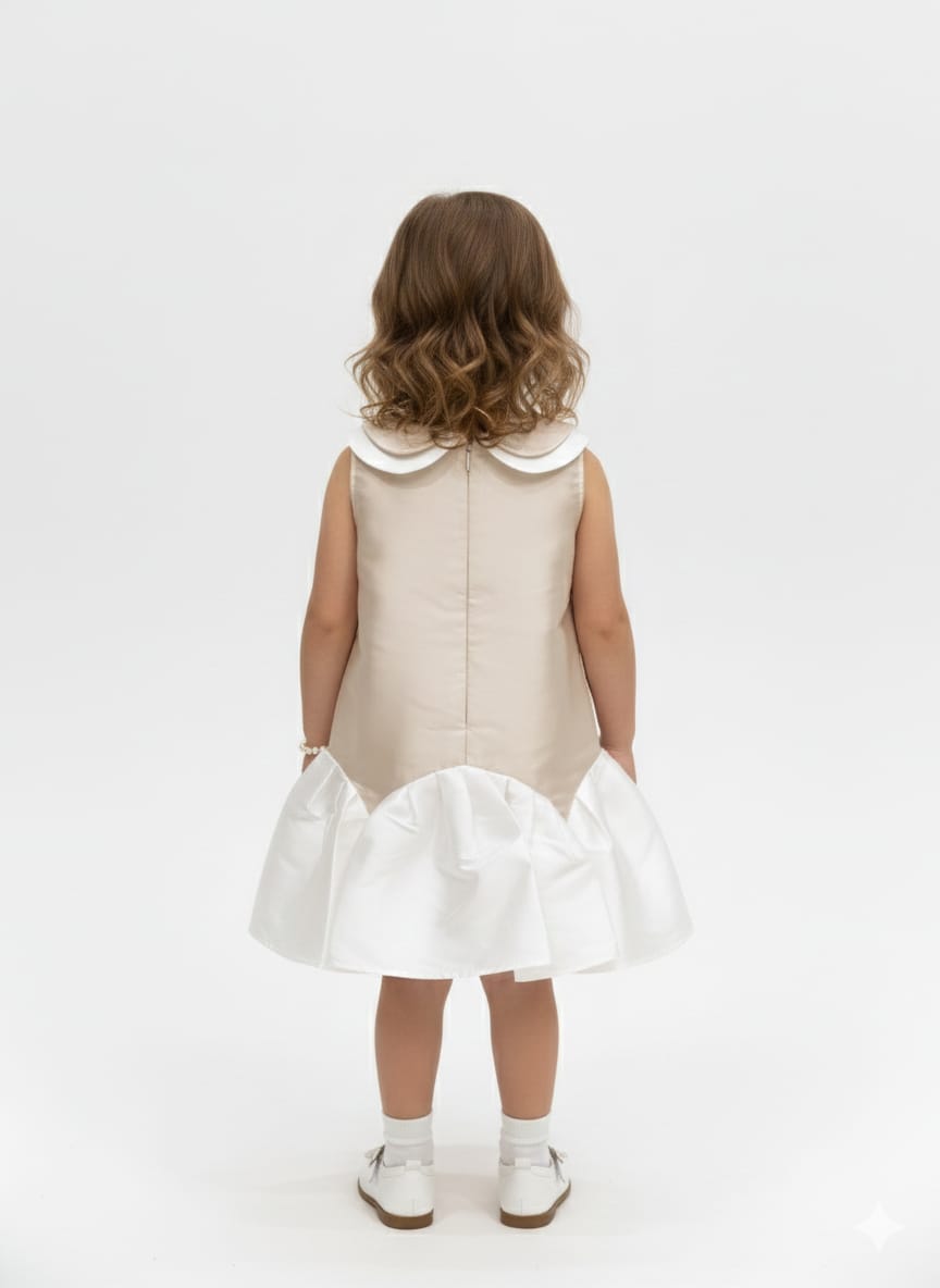 Girls’ Champagne Satin Trapeze Dress With Double Peter Pan Collar