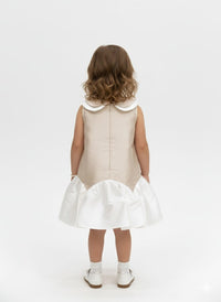 Girls’ Champagne Satin Trapeze Dress With Double Peter Pan Collar