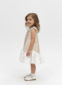 Girls’ Champagne Satin Trapeze Dress With Double Peter Pan Collar