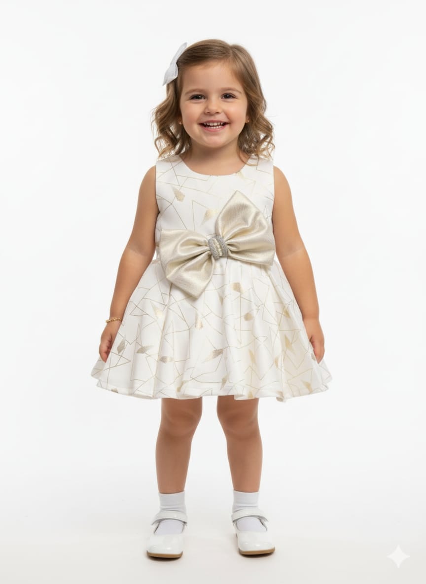 Baby Girl Cream & Gold Festive Dress - Statement Bow Edition