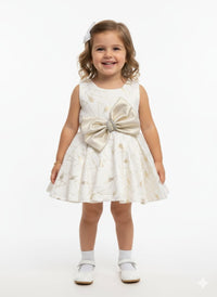 Baby Girl Cream & Gold Festive Dress - Statement Bow Edition