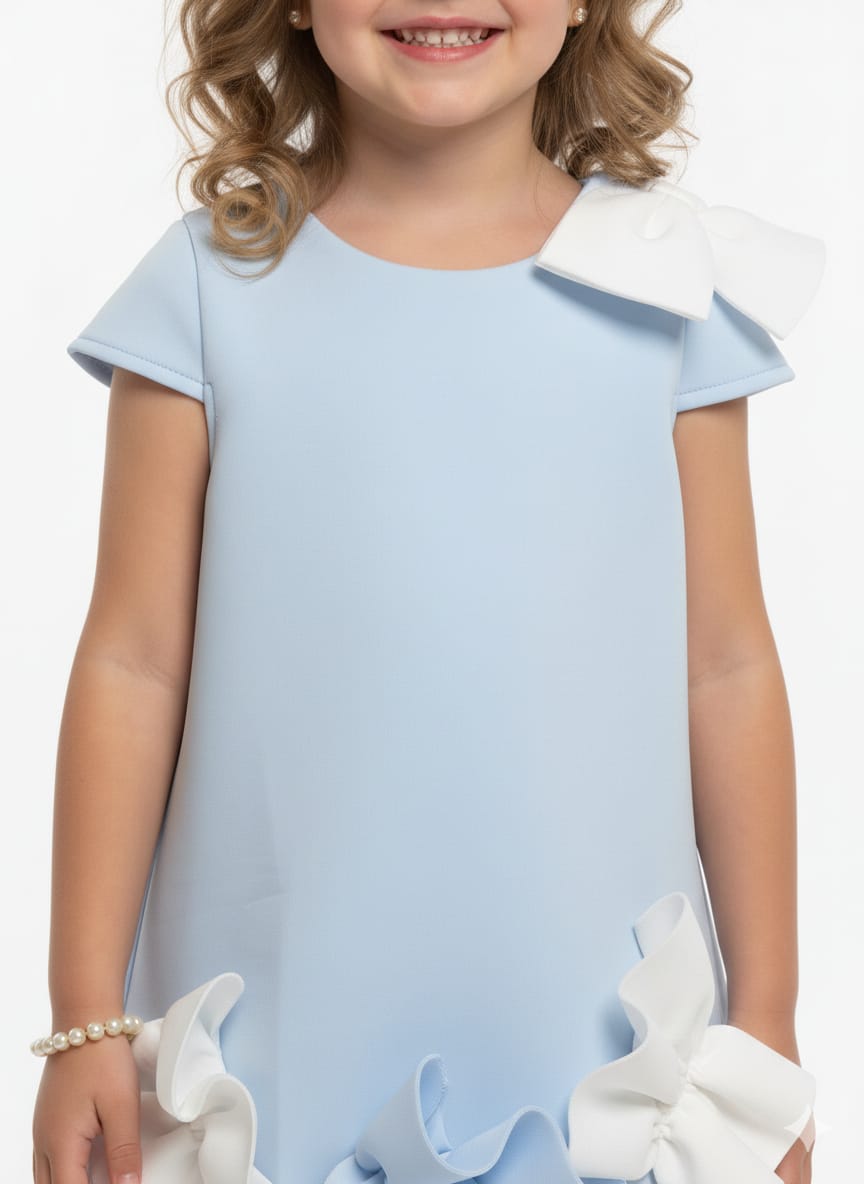 Girls’ Sky Blue A-Line Party Dress with Oversized 3D Floral Bows
