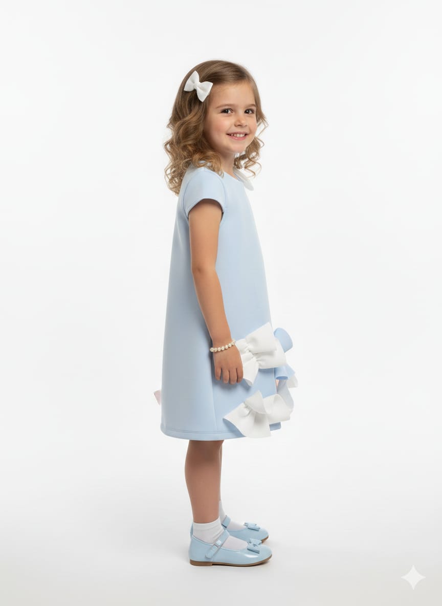 Girls’ Sky Blue A-Line Party Dress with Oversized 3D Floral Bows