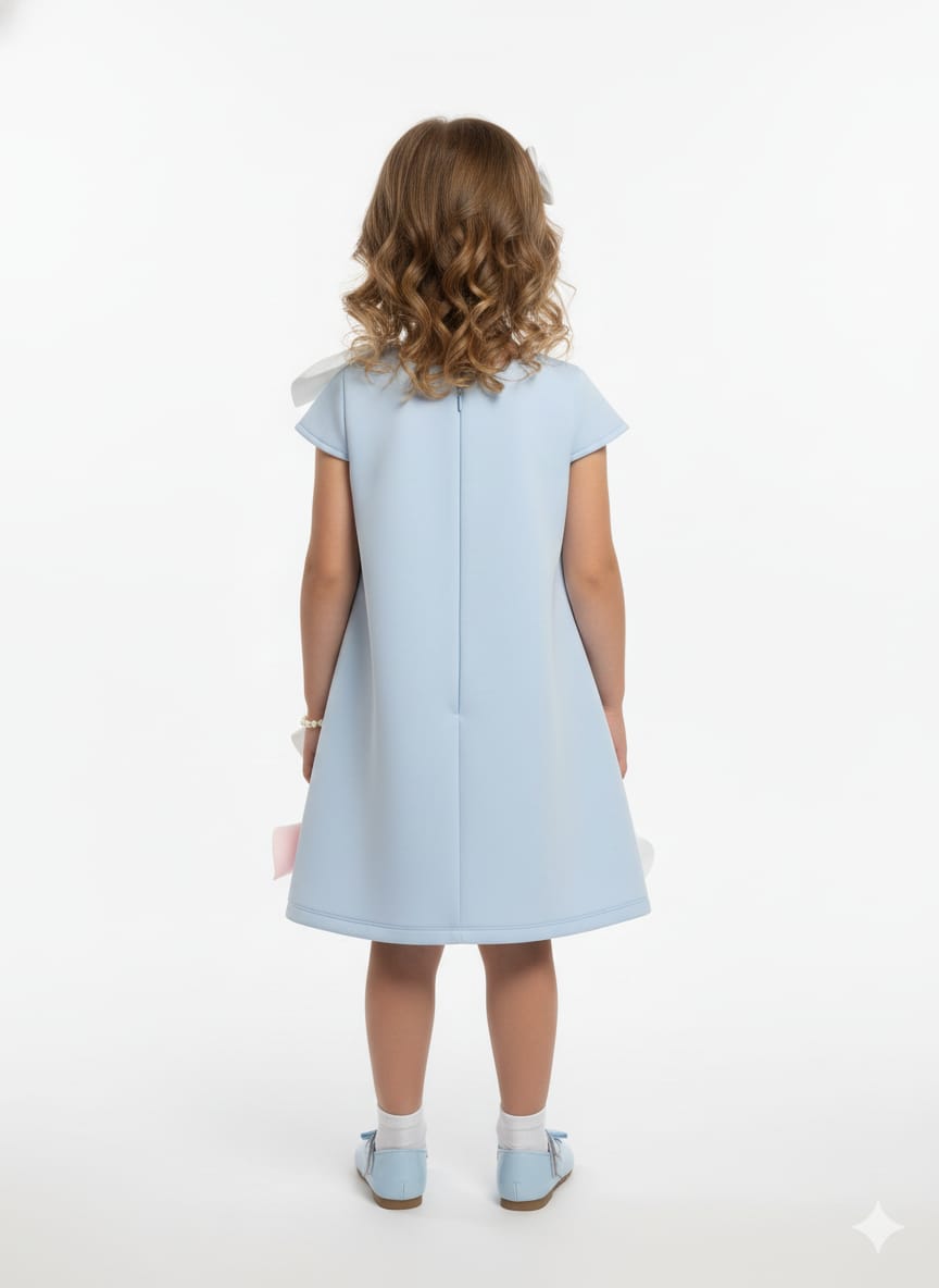 Girls’ Sky Blue A-Line Party Dress with Oversized 3D Floral Bows