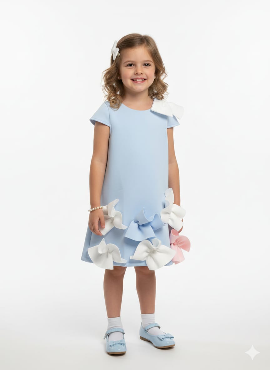 Girls’ Sky Blue A-Line Party Dress with Oversized 3D Floral Bows
