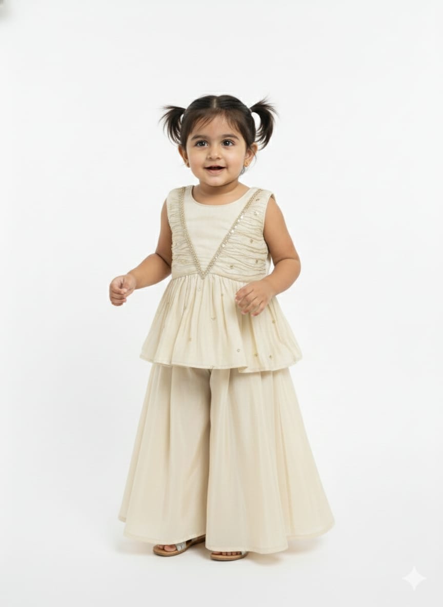 Girls’ Cream & Gold Sleeveless Peplum Sharara Set
