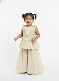 Girls’ Cream & Gold Sleeveless Peplum Sharara Set