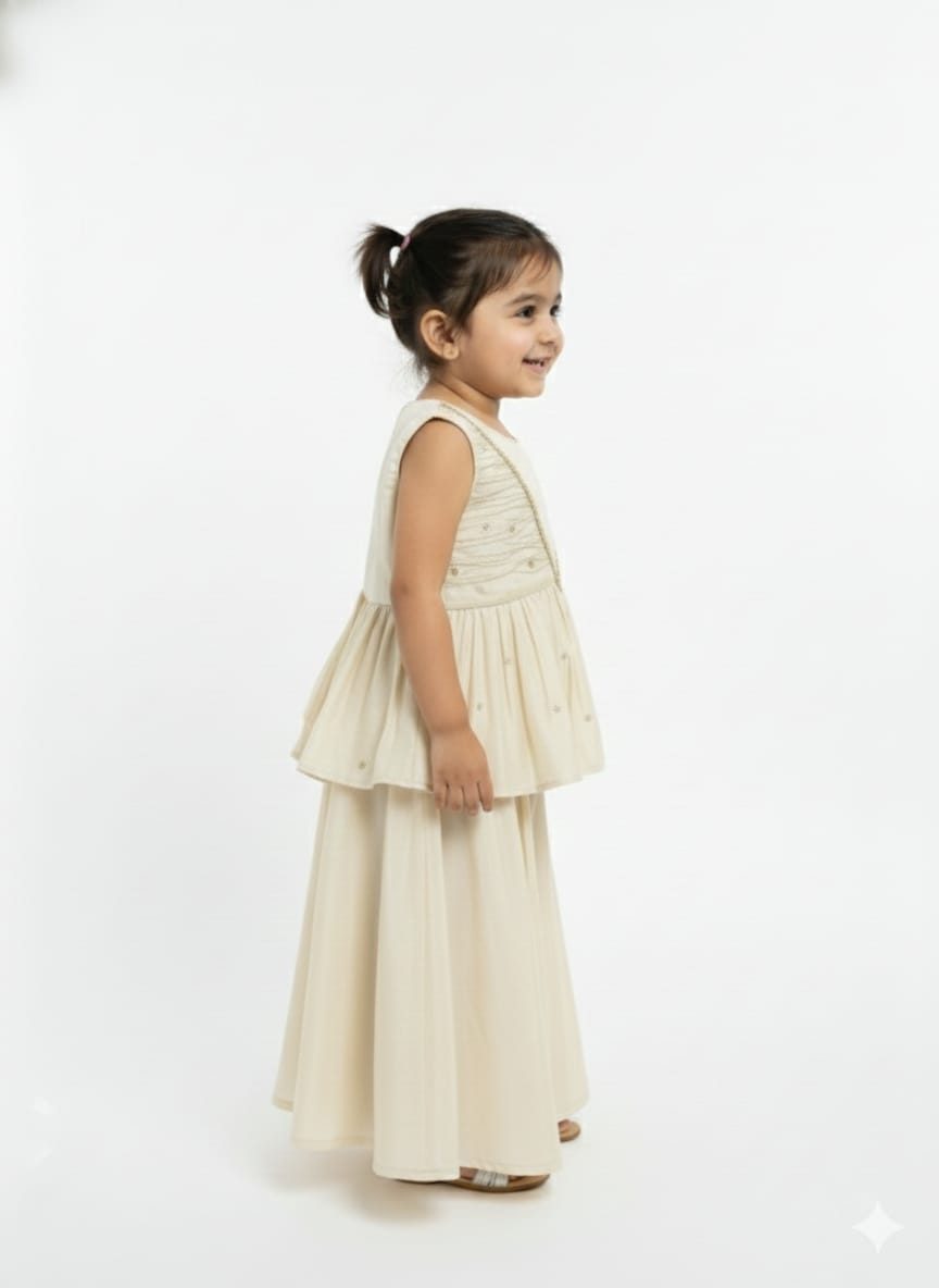 Girls’ Cream & Gold Sleeveless Peplum Sharara Set