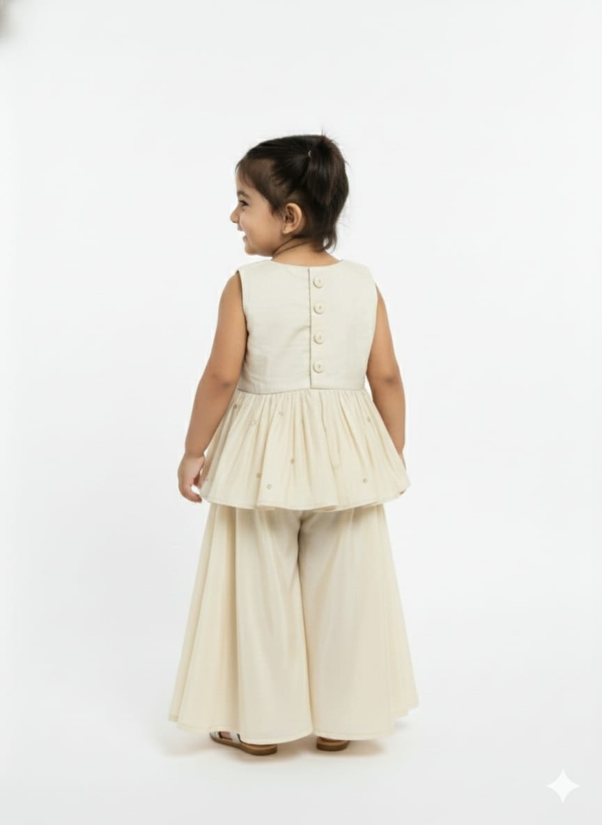 Girls’ Cream & Gold Sleeveless Peplum Sharara Set