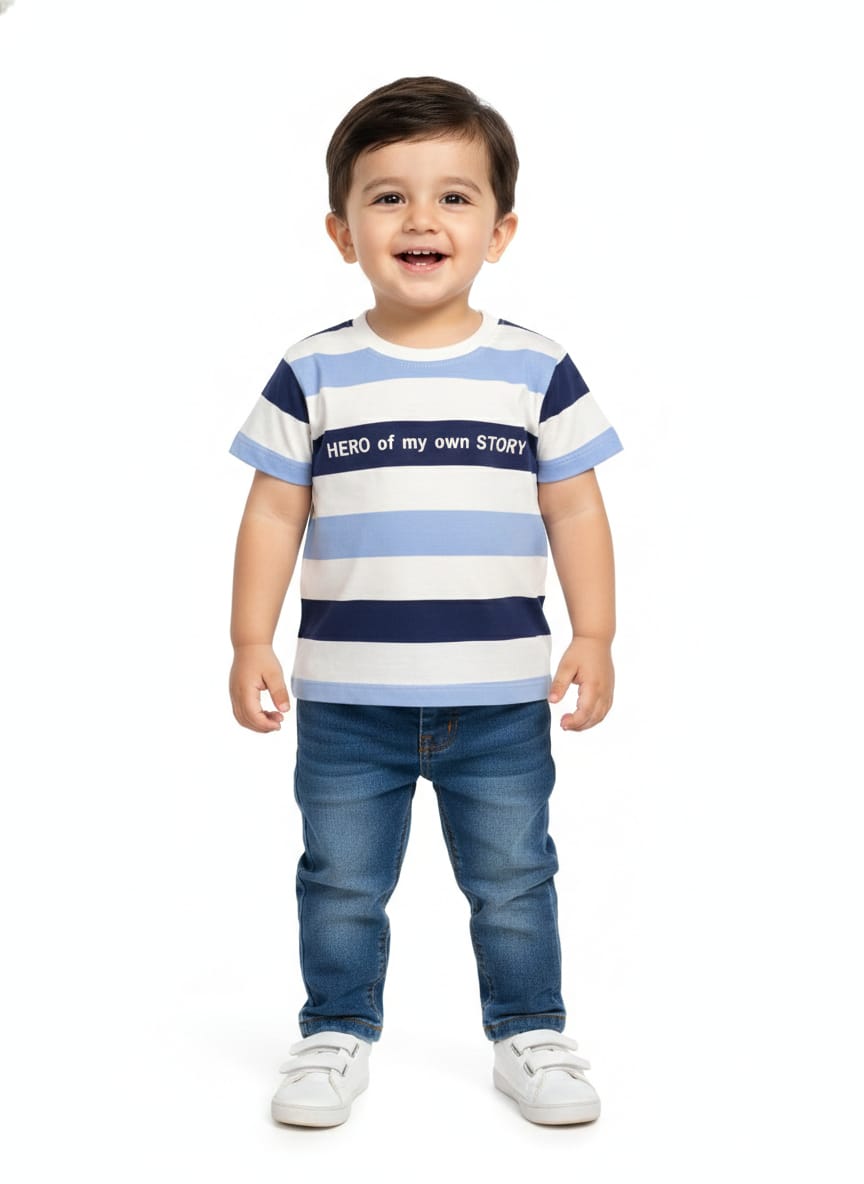 Boys' Blue and White Multi-Stripe "Hero of My Own Story" T-Shirt