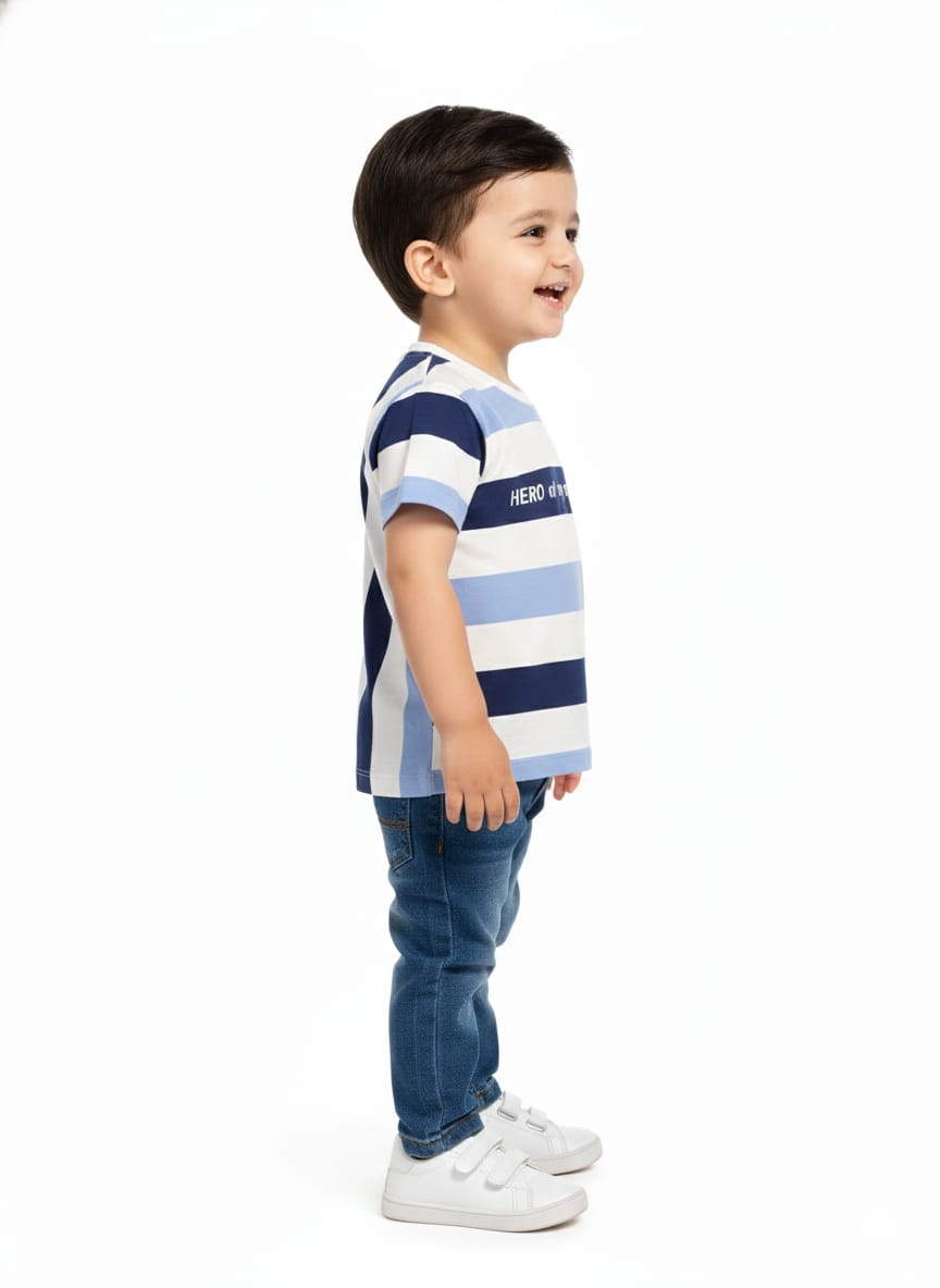 Boys' Blue and White Multi-Stripe "Hero of My Own Story" T-Shirt