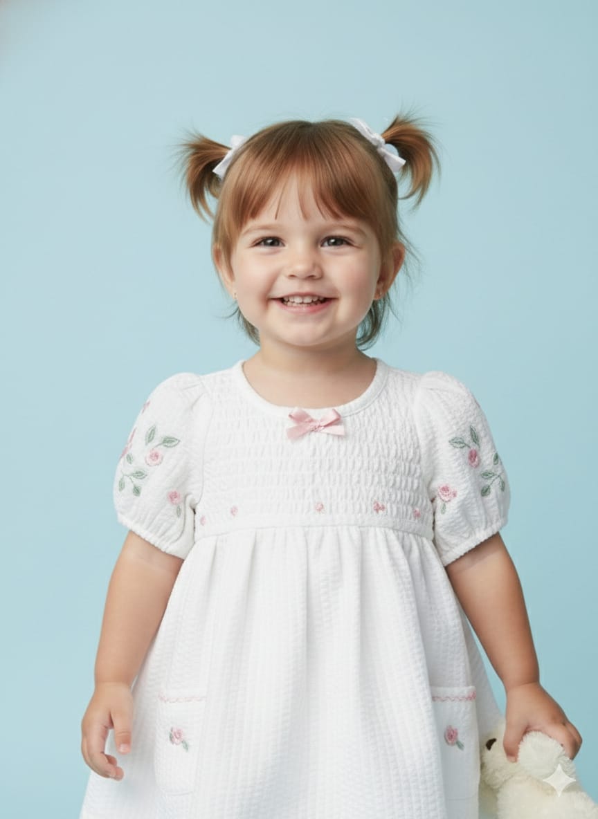 The "English Rose" Smocked Seersucker Dress – Heirloom White with Floral Embroidery