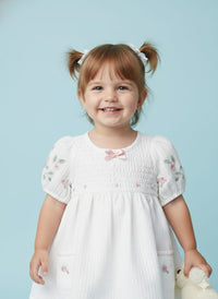 The "English Rose" Smocked Seersucker Dress – Heirloom White with Floral Embroidery