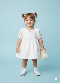 The "English Rose" Smocked Seersucker Dress – Heirloom White with Floral Embroidery