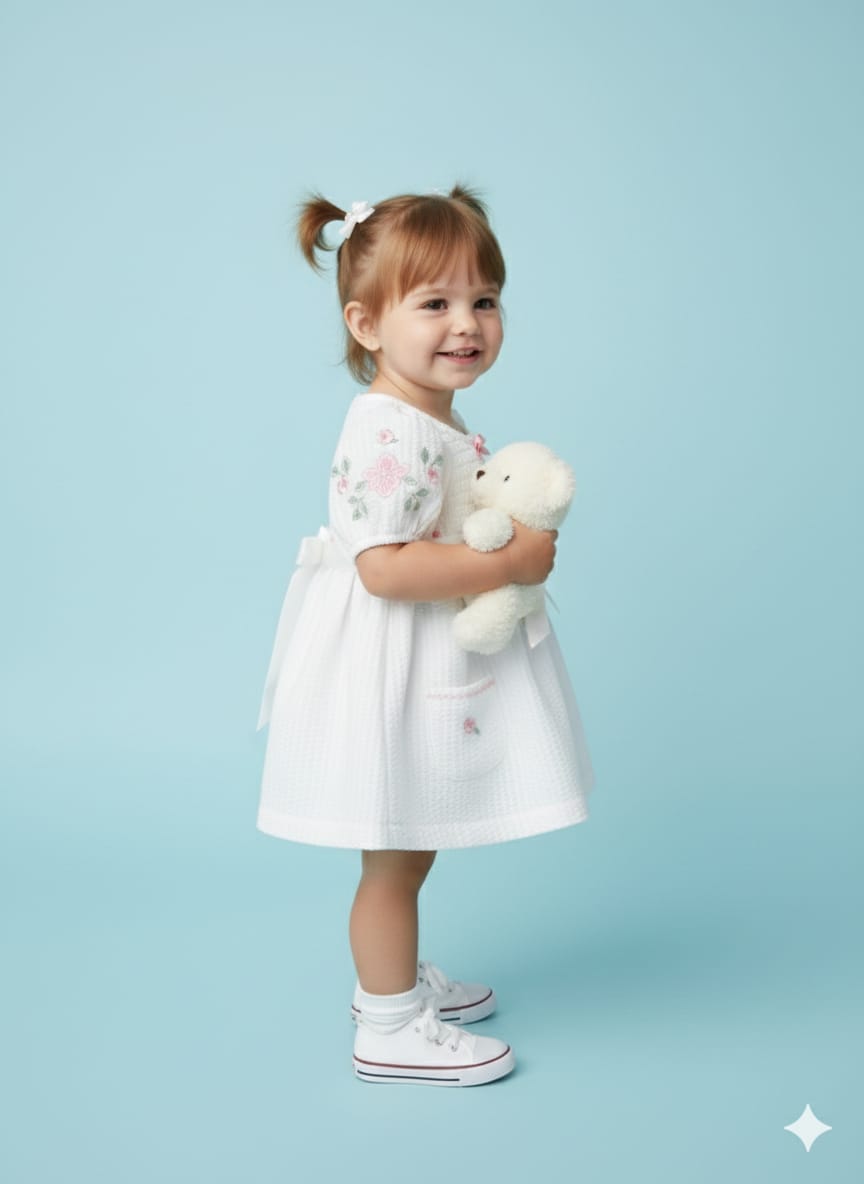 The "English Rose" Smocked Seersucker Dress – Heirloom White with Floral Embroidery