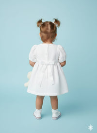 The "English Rose" Smocked Seersucker Dress – Heirloom White with Floral Embroidery