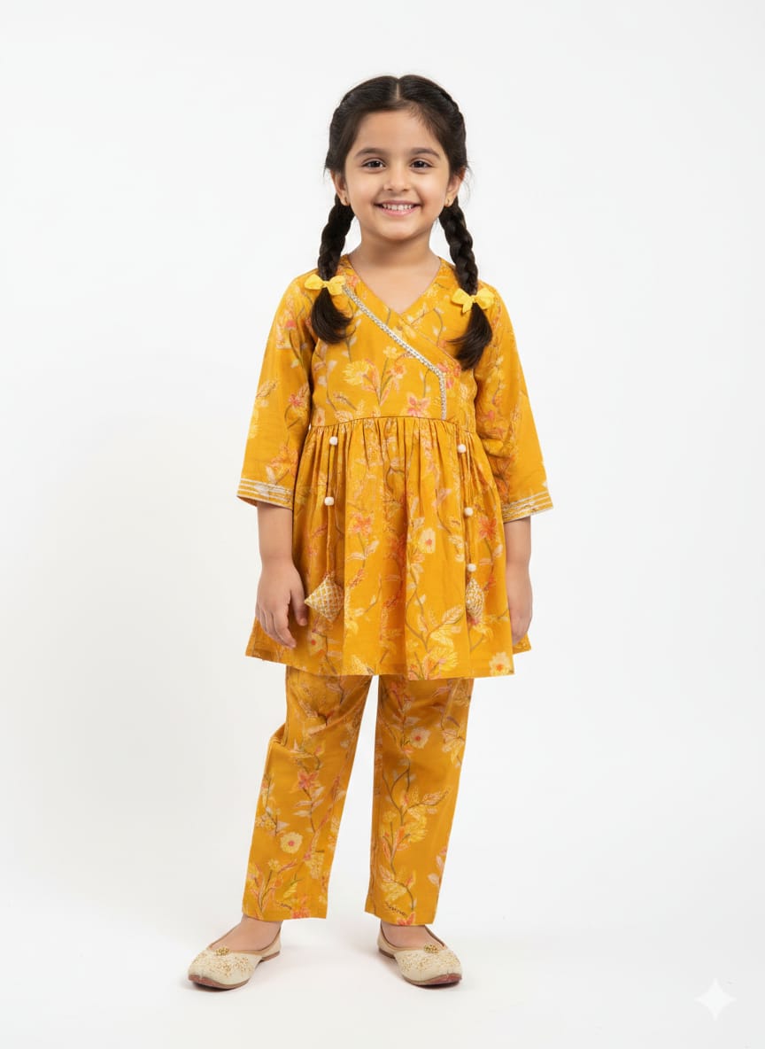The "Amber Blossom" Girls' Angrakha Co-ord Set – Marigold Floral Print with Gota Detailing