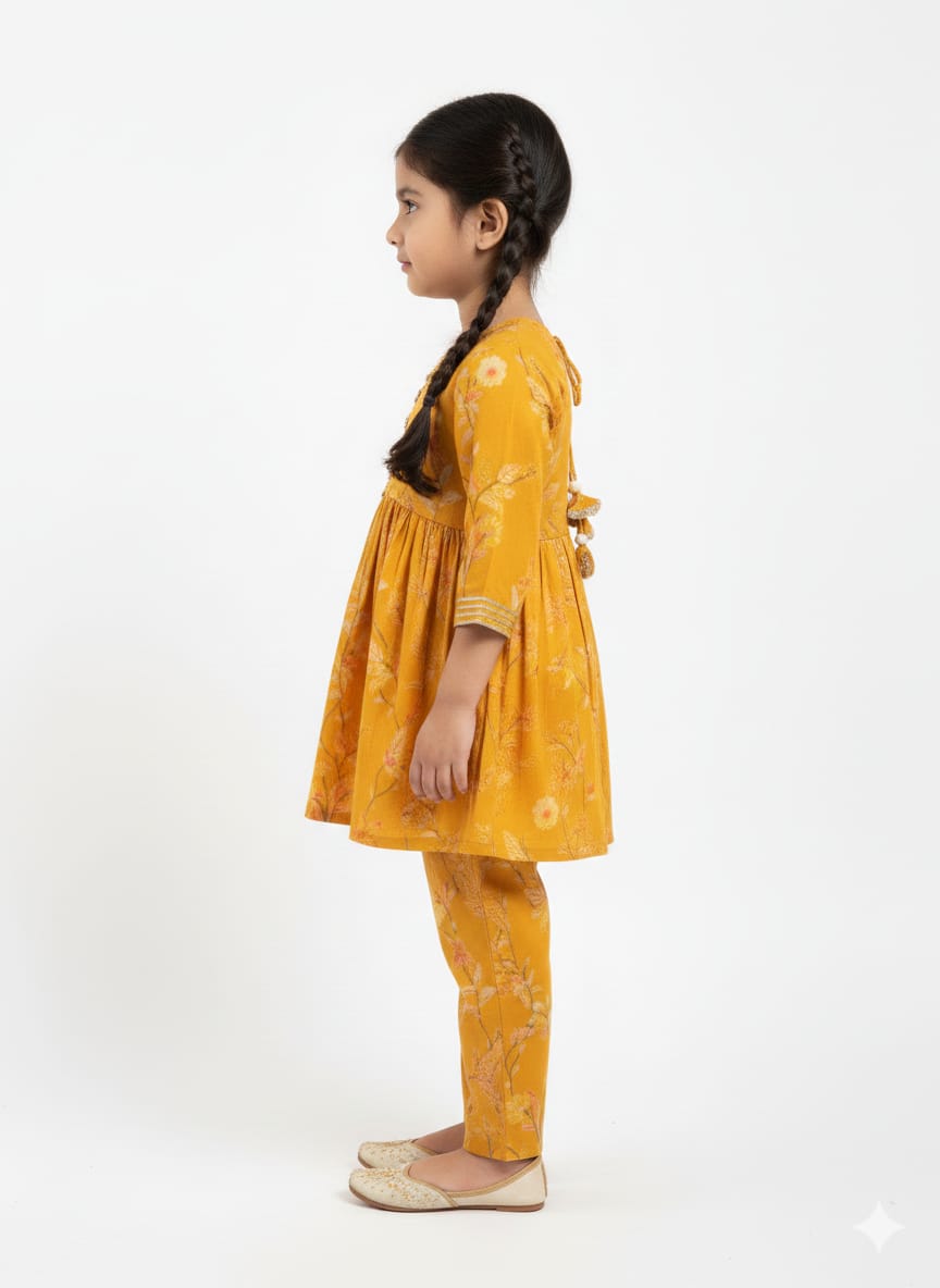 The "Amber Blossom" Girls' Angrakha Co-ord Set – Marigold Floral Print with Gota Detailing