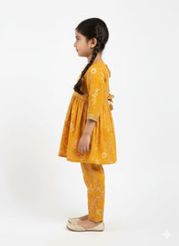 The "Amber Blossom" Girls' Angrakha Co-ord Set – Marigold Floral Print with Gota Detailing